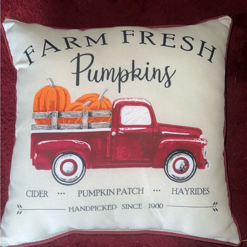 ♦️ 
Farm Fresh Pumpkins Decorative Pillow -‎ Red Truck Design